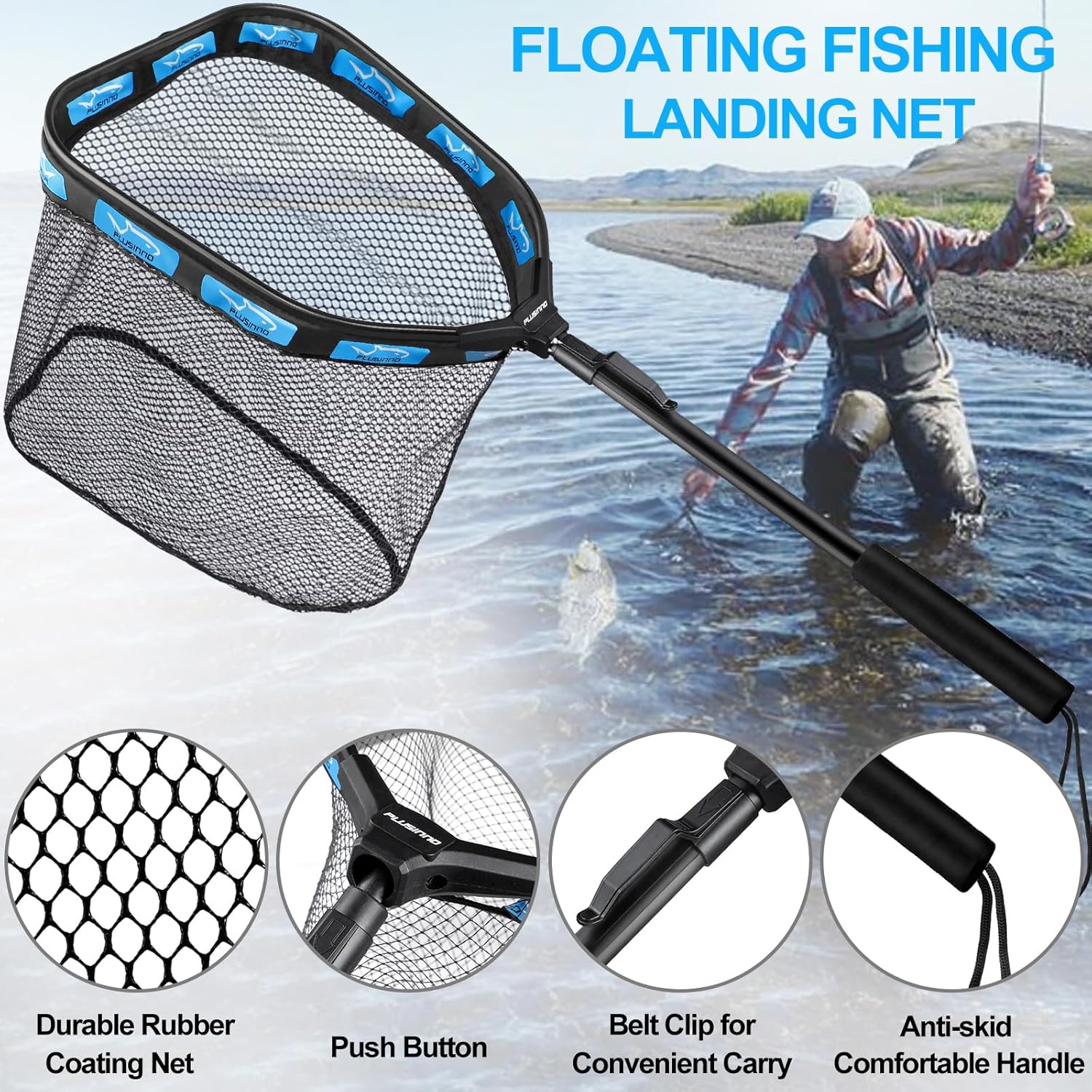 PLUSINNO Floating Fishing Net for Steelhead, Salmon, Fly, Kayak, Catfish, Bass, Trout Fishing, Rubber Coated Landing Net for Easy Catch & Release, Compact & Foldable for Easy Transportation & Storage - Image 2
