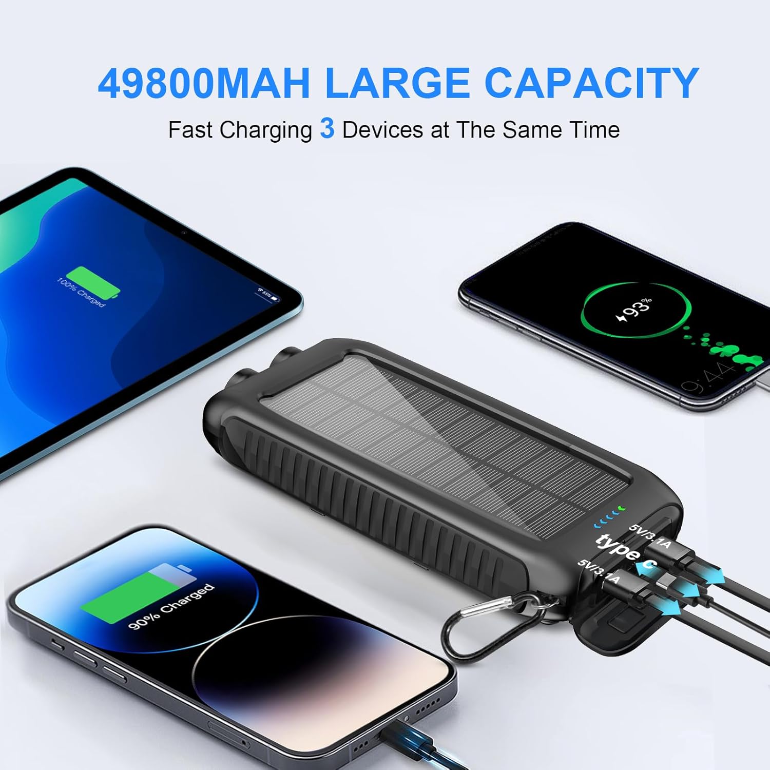 Solar-Charger-Power-Bank-49800mAh Portable Solar Phone Charger with LED Flashlight/15W Fast Charge USB C Waterproof External Backup Battery Pack for All Cell Phones & Electronic Devices - Image 2
